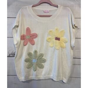 Pink Lily Size LG Short Sleeve Sweater Flowers Cream Preppy Cute